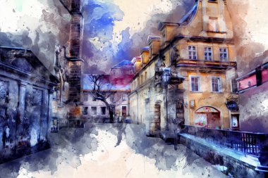 Klodzko şehir merkezi, hava kalesi sanat illüstrasyonundan antika eskiz.