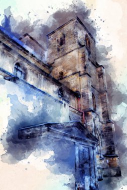 Klodzko şehir merkezi, hava kalesi sanat illüstrasyonundan antika eskiz.