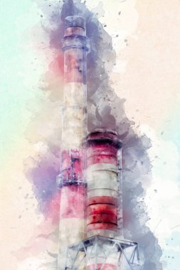 Bir fabrika fotoğrafçılık illüstrasyonunun bacaları ve siloları.