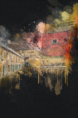 Klodzko 'nun kalesi, hava kalesi sanat resimlerinden antika eskiz eskizleri.