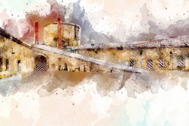 Klodzko 'nun kalesi, hava kalesi sanat resimlerinden antika eskiz eskizleri.