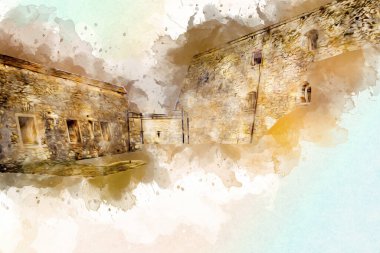 Klodzko 'nun kalesi, hava kalesi sanat resimlerinden antika eskiz eskizleri.