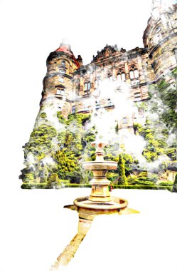 Ksiaz Şatosu Polonya Sicilya sanat retro illüstrasyon, sanat, çizim, eskiz, resim