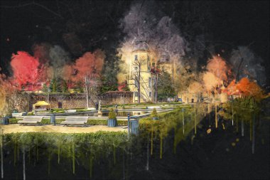 Ksiaz Şatosu Polonya Sicilya sanat retro illüstrasyon, sanat, çizim, eskiz, resim