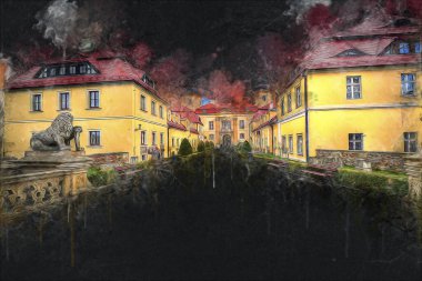 Ksiaz Şatosu Polonya Sicilya sanat retro illüstrasyon, sanat, çizim, eskiz, resim