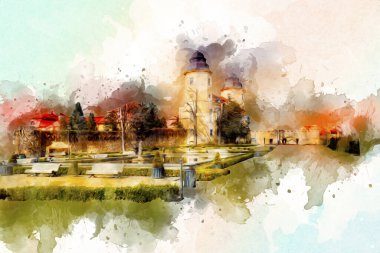 Ksiaz Şatosu Polonya Sicilya sanat retro illüstrasyon, sanat, çizim, eskiz, resim