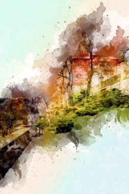 Ksiaz Şatosu Polonya Sicilya sanat retro illüstrasyon, sanat, çizim, eskiz, resim