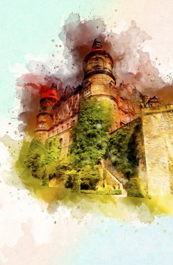 Ksiaz Şatosu Polonya Sicilya sanat retro illüstrasyon, sanat, çizim, eskiz, resim