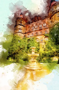 Ksiaz Şatosu Polonya Sicilya sanat retro illüstrasyon, sanat, çizim, eskiz, resim