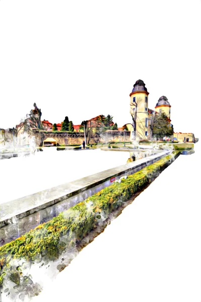 Κάστρο Ksiaz Πολωνία Σιλεσία Τέχνη Ρετρό Απεικόνιση Τέχνη Σχέδιο Σκίτσο — Φωτογραφία Αρχείου