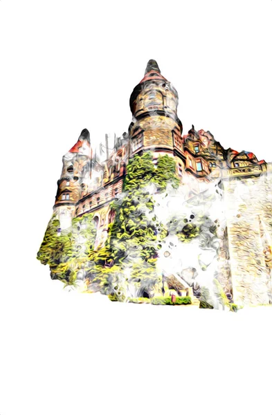 Castillo Ksiaz Polonia Silesia Arte Retro Ilustración Arte Dibujo Boceto — Foto de Stock