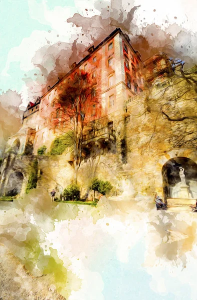 Château Ksiaz Pologne Silesia Art Rétro Illustration Art Dessin Croquis — Photo