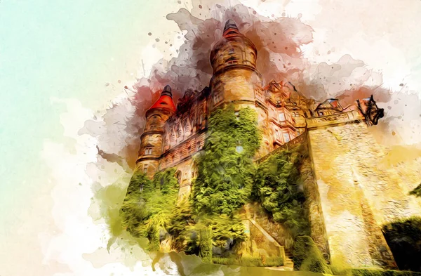 Κάστρο Ksiaz Πολωνία Σιλεσία Τέχνη Ρετρό Απεικόνιση Τέχνη Σχέδιο Σκίτσο — Φωτογραφία Αρχείου