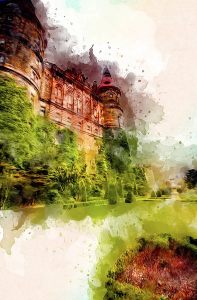 Ksiaz Castle Poland Silesia Art Retro Illustration Art Drawing Sketch — Stock Photo, Image