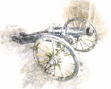 Tekerlekler üzerindeki antik top resimde izole edildi