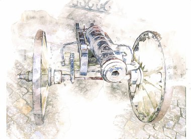 Tekerlekler üzerindeki antik top resimde izole edildi