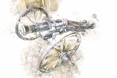 Tekerlekler üzerindeki antik top resimde izole edildi