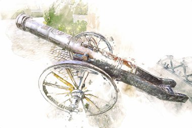 Tekerlekler üzerindeki antik top resimde izole edildi