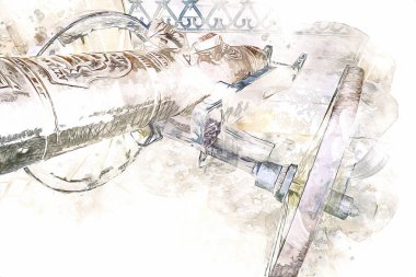 Tekerlekler üzerindeki antik top resimde izole edildi