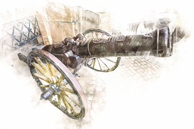 Tekerlekler üzerindeki antik top resimde izole edildi