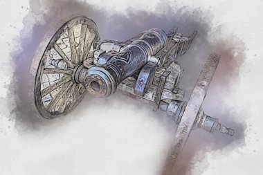 Tekerlekler üzerindeki antik top resimde izole edildi