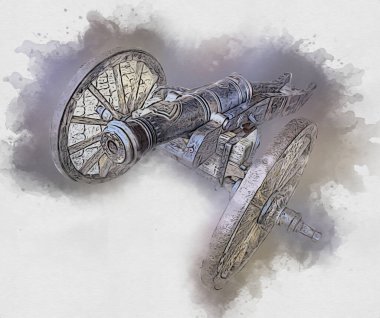 Tekerlekler üzerindeki antik top resimde izole edildi