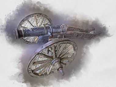 Tekerlekler üzerindeki antik top resimde izole edildi