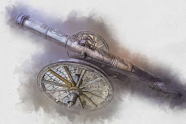 Tekerlekler üzerindeki antik top resimde izole edildi