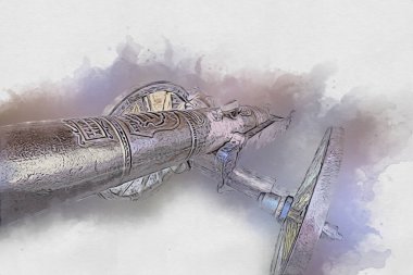 Tekerlekler üzerindeki antik top resimde izole edildi