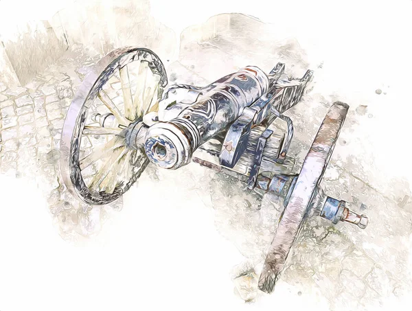 イラスト上で隔離された車輪の上の古代大砲 — ストック写真