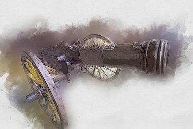 Tekerlekler üzerindeki antik top resimde izole edildi