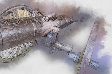 Tekerlekler üzerindeki antik top resimde izole edildi