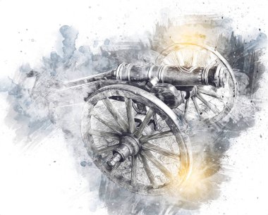 Tekerlekler üzerindeki antik top resimde izole edildi