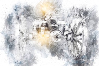 Tekerlekler üzerindeki antik top resimde izole edildi