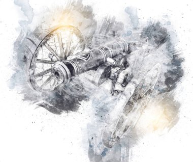 Tekerlekler üzerindeki antik top resimde izole edildi