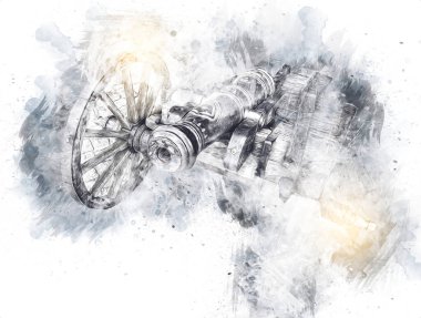 Tekerlekler üzerindeki antik top resimde izole edildi