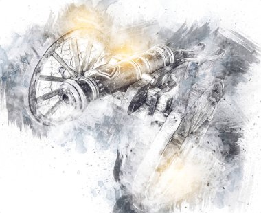 Tekerlekler üzerindeki antik top resimde izole edildi