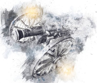 Tekerlekler üzerindeki antik top resimde izole edildi