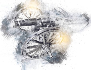 Tekerlekler üzerindeki antik top resimde izole edildi