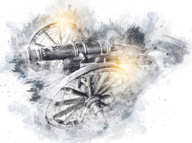 Tekerlekler üzerindeki antik top resimde izole edildi