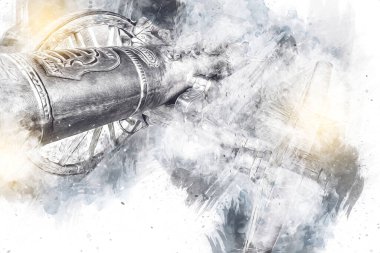 Tekerlekler üzerindeki antik top resimde izole edildi