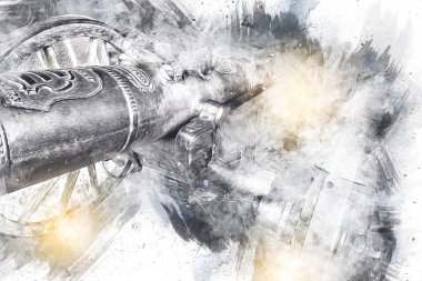 Tekerlekler üzerindeki antik top resimde izole edildi