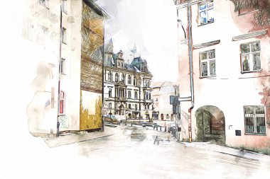 Klodzko şehir merkezi, hava kalesi sanat illüstrasyonundan antika eskiz.