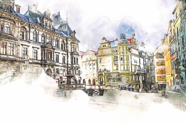 Klodzko şehir merkezi, hava kalesi sanat illüstrasyonundan antika eskiz.