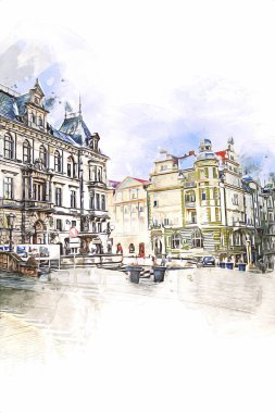 Klodzko şehir merkezi, hava kalesi sanat illüstrasyonundan antika eskiz.