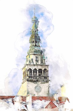 Klodzko şehir merkezi, hava kalesi sanat illüstrasyonundan antika eskiz.