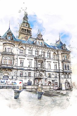 Klodzko şehir merkezi, hava kalesi sanat illüstrasyonundan antika eskiz.