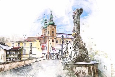 Klodzko şehir merkezi, hava kalesi sanat illüstrasyonundan antika eskiz.