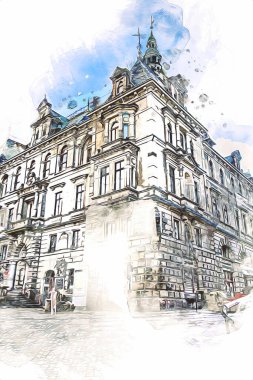 Klodzko şehir merkezi, hava kalesi sanat illüstrasyonundan antika eskiz.