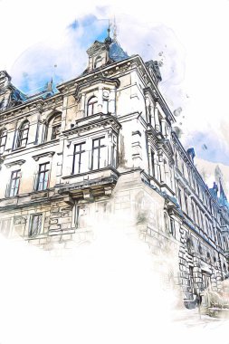 Klodzko şehir merkezi, hava kalesi sanat illüstrasyonundan antika eskiz.